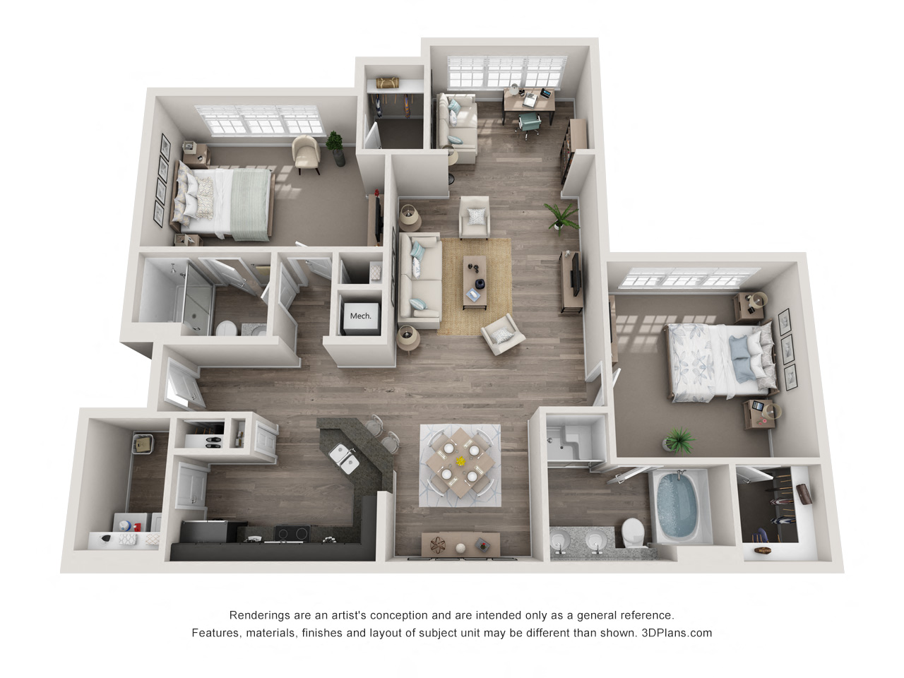 Floor plan for 2 beds, 2 baths, 1374 sqft